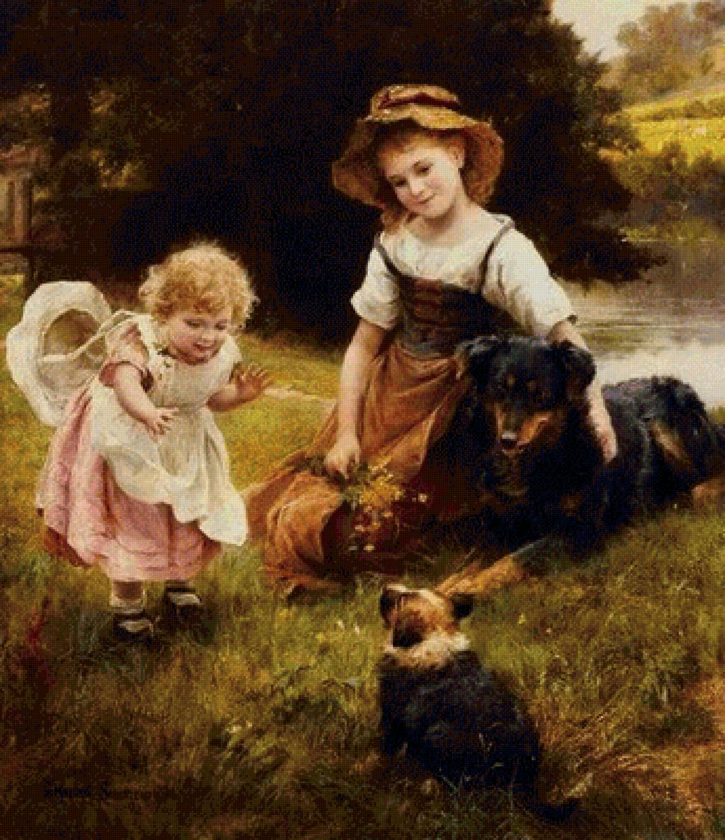 Дети и собачки. Артур Джон Элсли - щенок, живопись, собака, дети, девочка, 19 век - предпросмотр