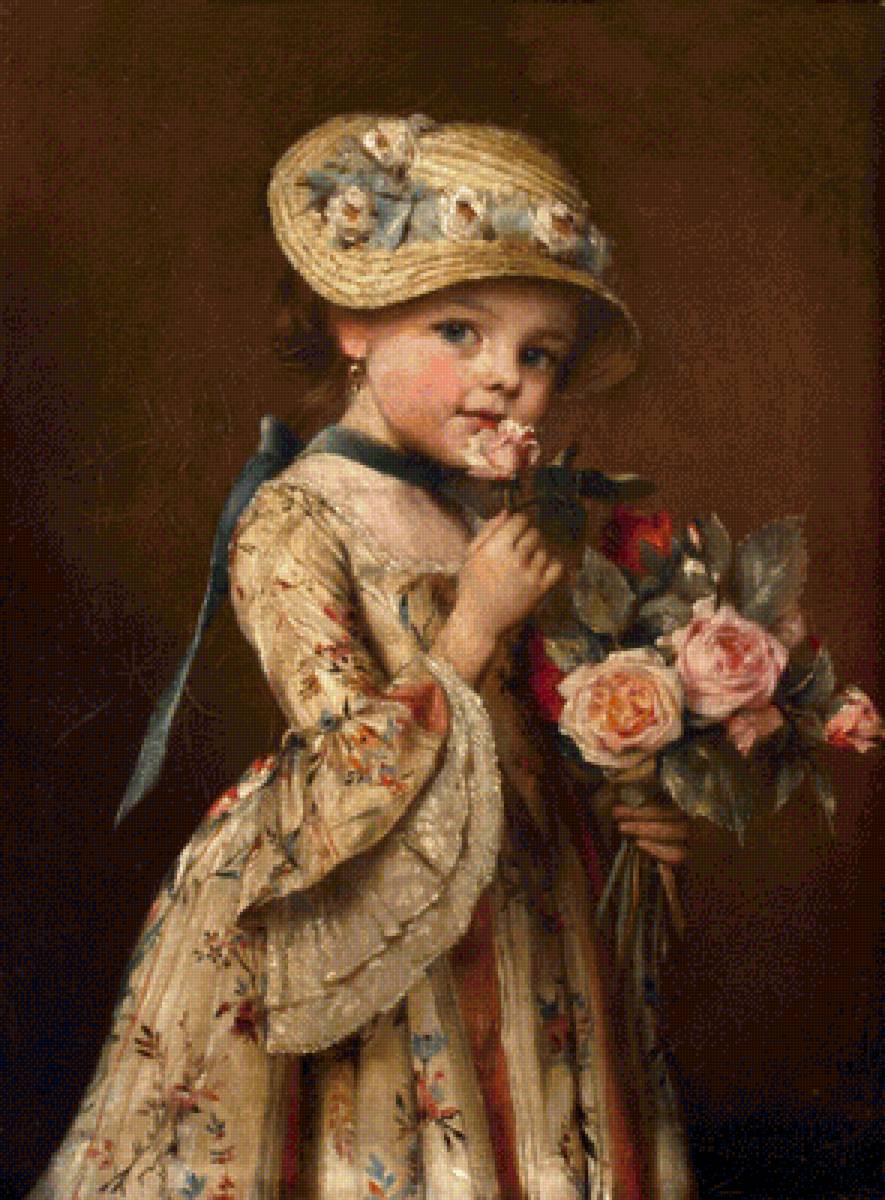 Девочка с розами. Schutze Wilhelm - 19 век, девочка, живопись, портрет, розы - предпросмотр