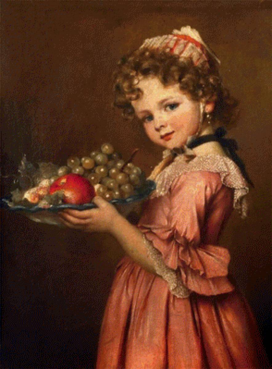 Девочка с фруктами. Schutze Wilhelm - 19 век, живопись, портрет, девочка - предпросмотр