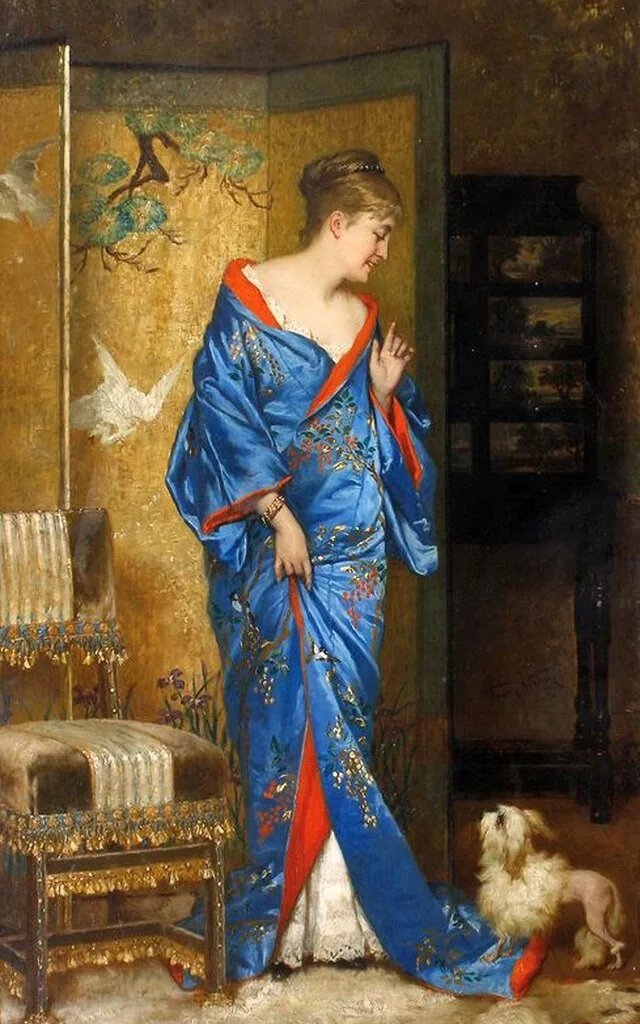 Женщина в кимоно. Франс Верхас - 19 век, кимоно, дама, женщина, собачка - оригинал