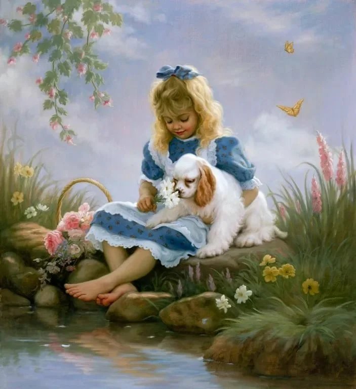 Девочка со щенком. Марк Ариан - щенок, живопись, портрет, девочка, пруд - оригинал