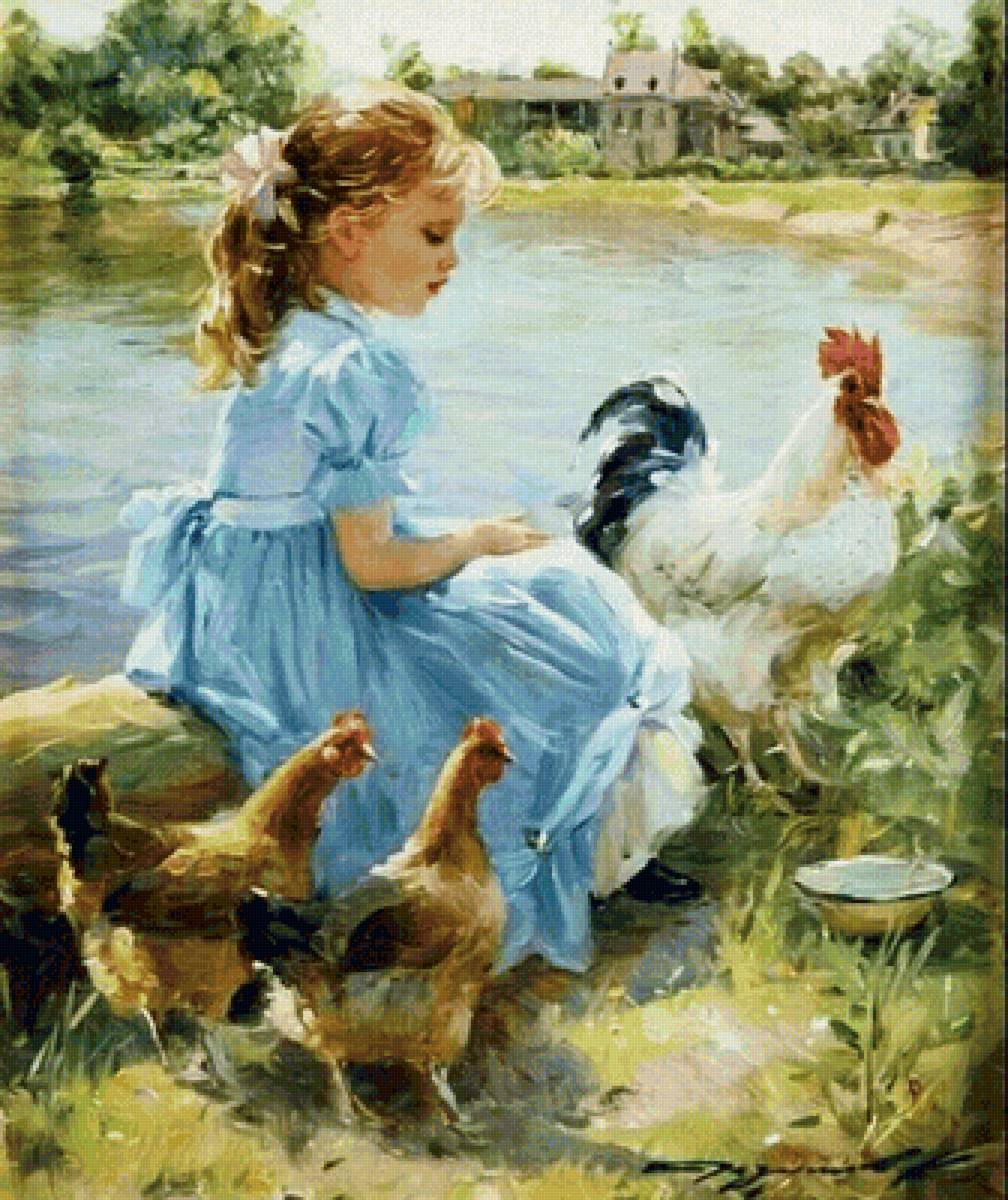 В деревне. Константин Разумов - девочка, живопись, куры, петух, деревня - предпросмотр