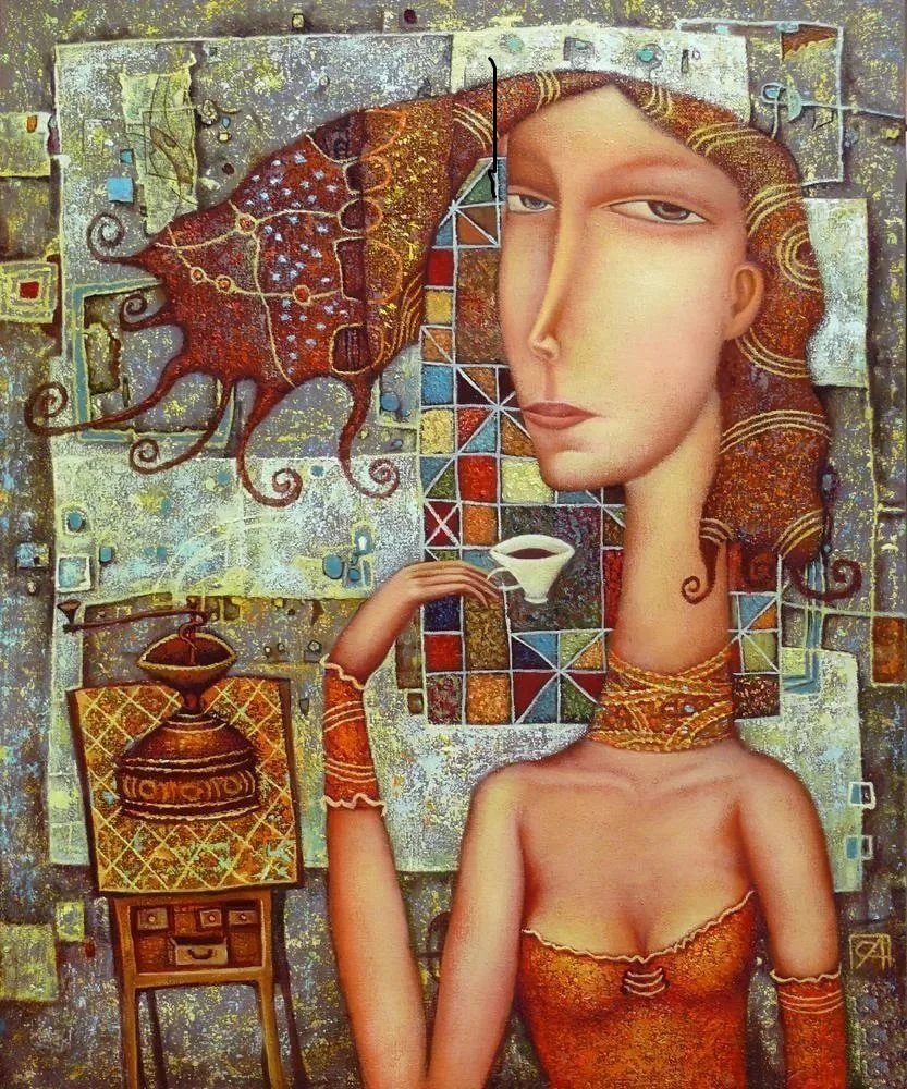 Утренний кофе. Сулимов Александр - девушка, портрет, наив - оригинал