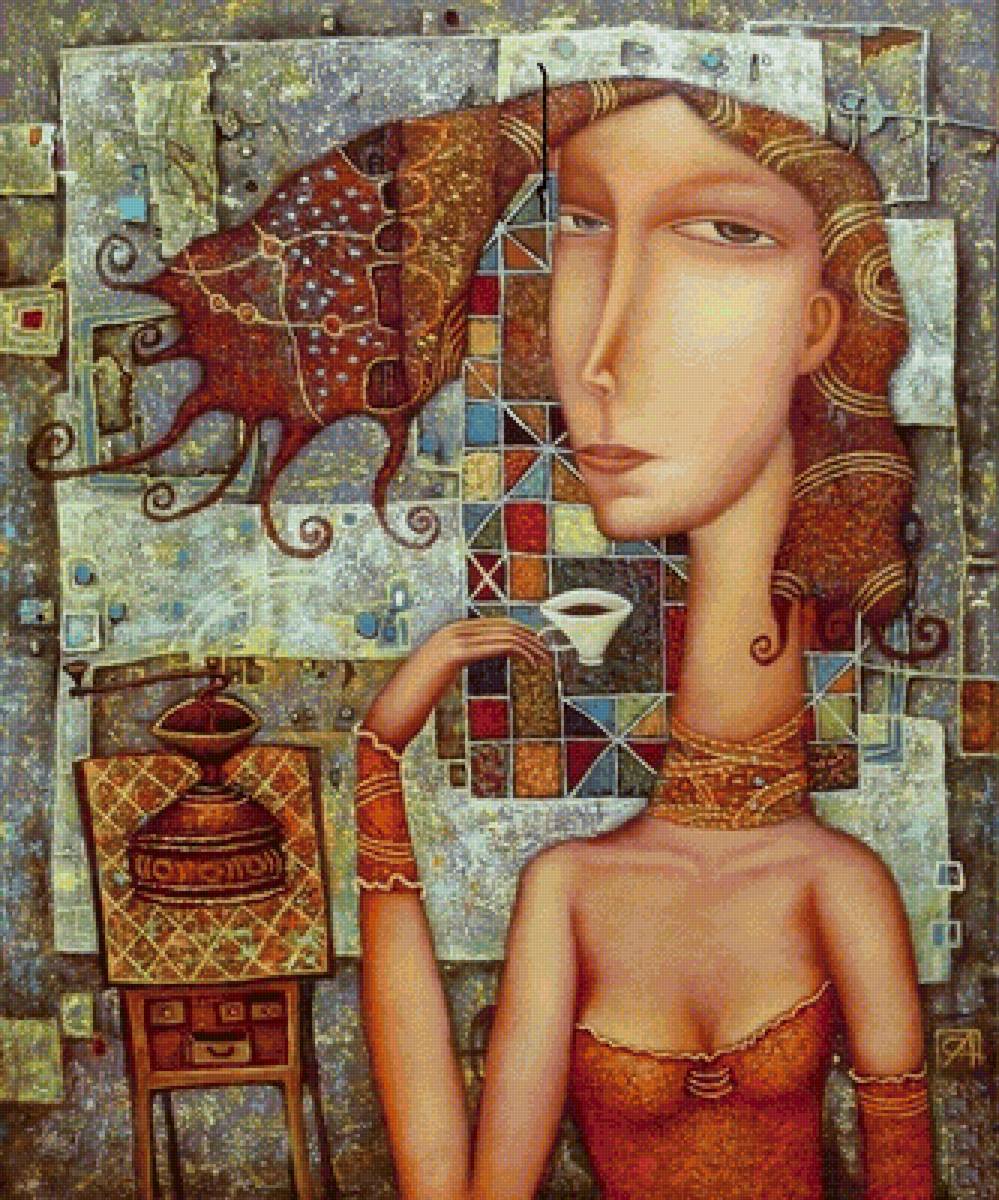 Утренний кофе. Сулимов Александр - портрет, девушка, наив - предпросмотр