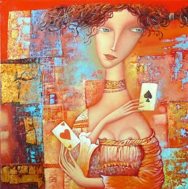 Игра в карты. Сулимов Александр - девушка, портрет, наив - оригинал