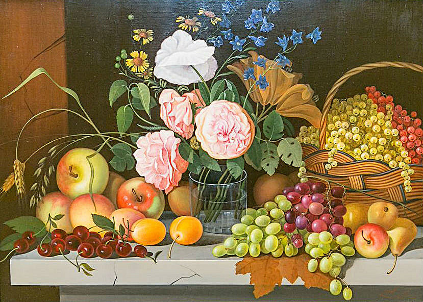 Натюрморт - розы, груши, цветы, смородина, виноград, фрукты яблоки - оригинал