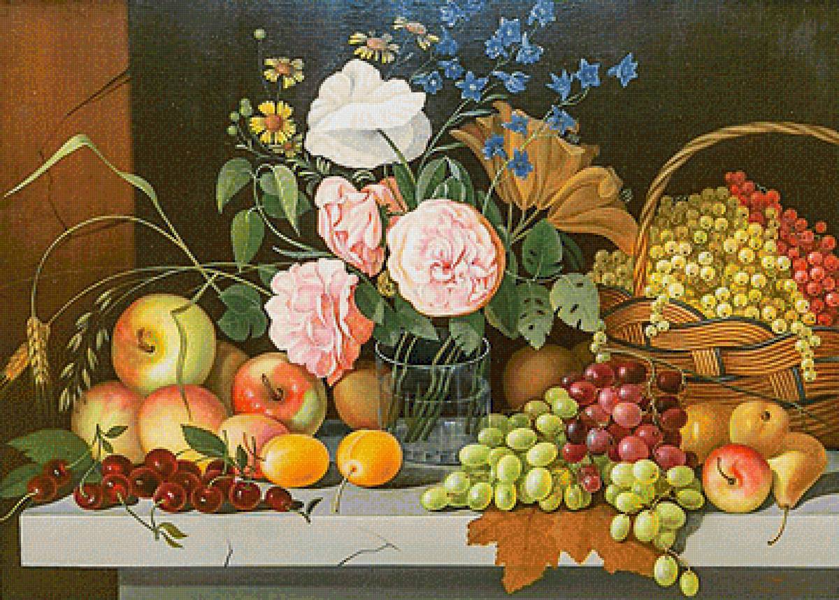 Натюрморт - смородина, цветы, груши, виноград, фрукты яблоки, розы - предпросмотр