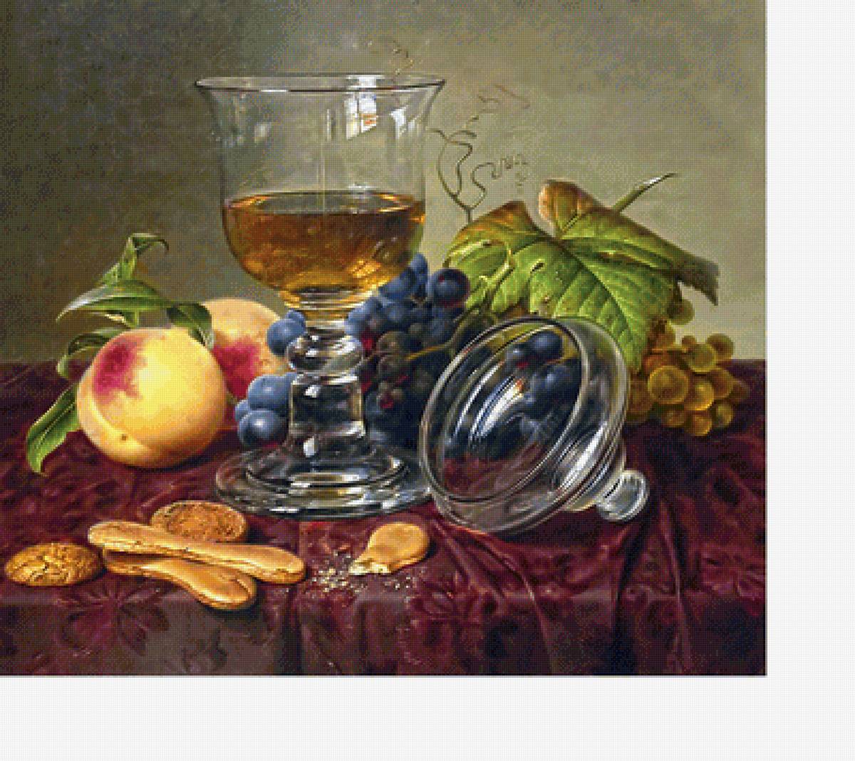 Натюрморт - вино, персики, виноград, бокал, фрукты - предпросмотр