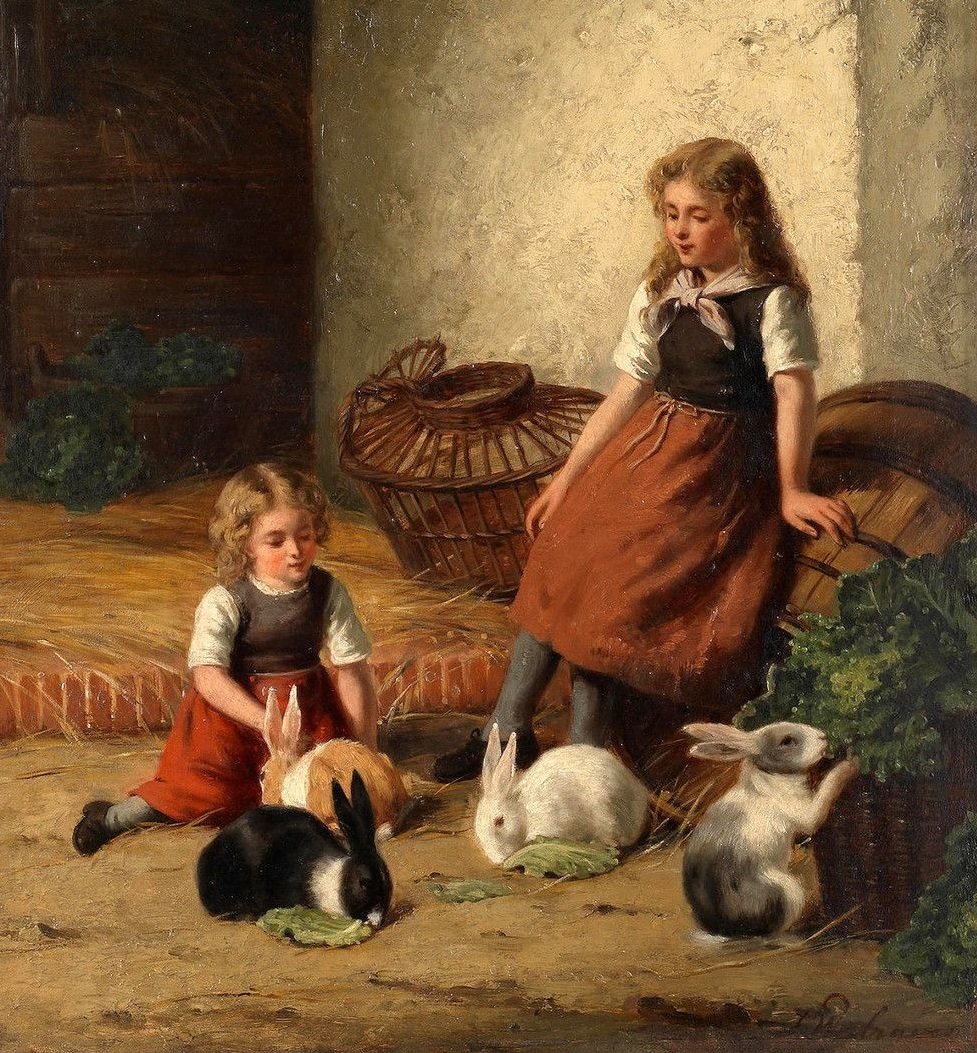 Девочки с кроликами. Jan Walraven - живопись, кролик, 19 век, девочка - оригинал