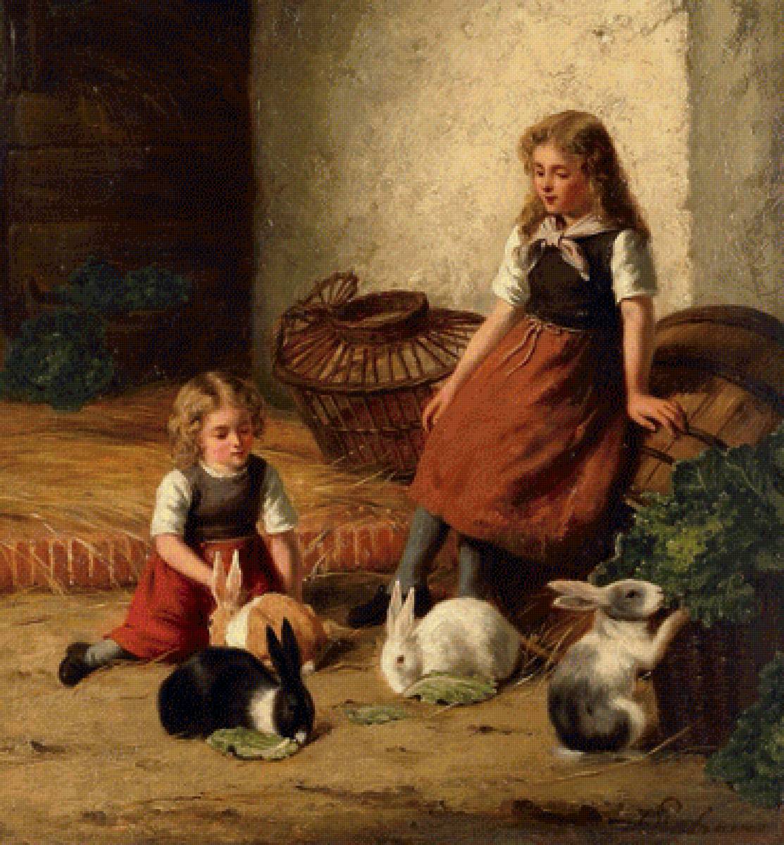 Девочки с кроликами. Jan Walraven - 19 век, живопись, кролик, девочка - предпросмотр