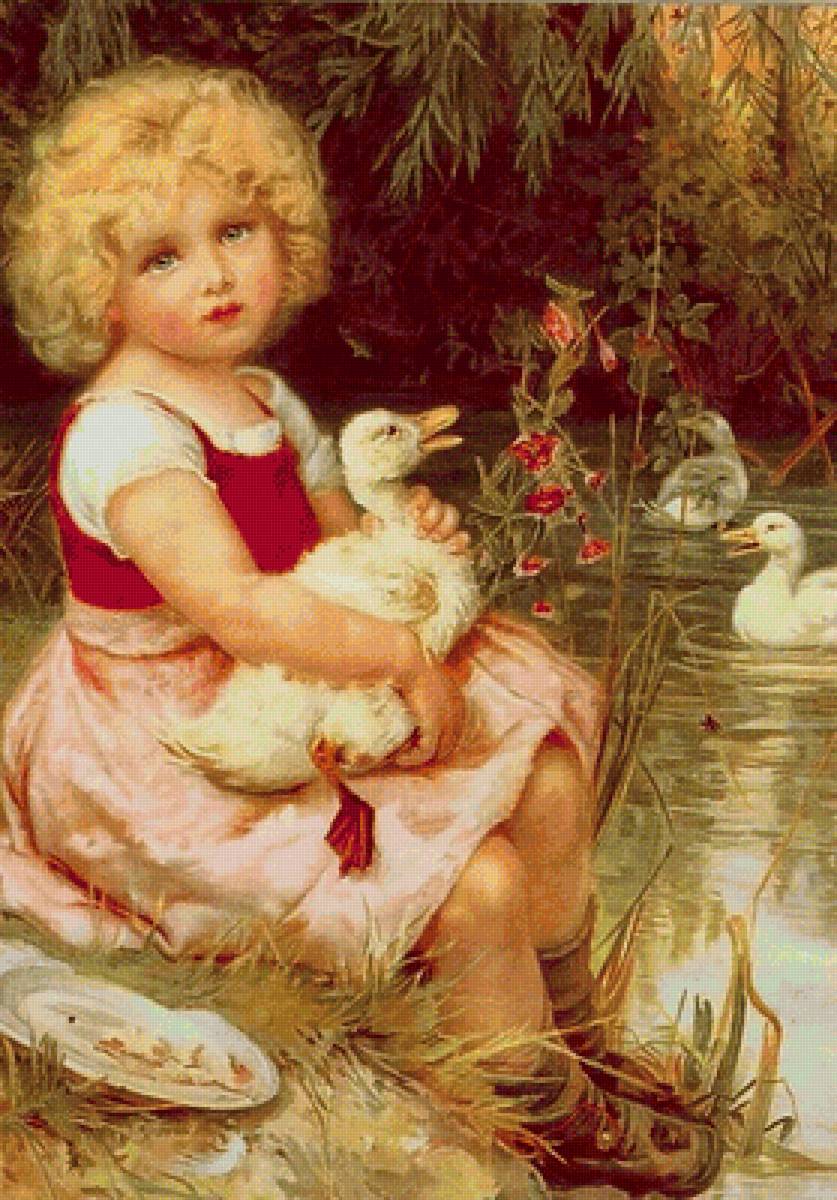 Девочка с утятами. Фредерик Морган - портрет, пруд, 19 век, девочка, живопись, утята - предпросмотр