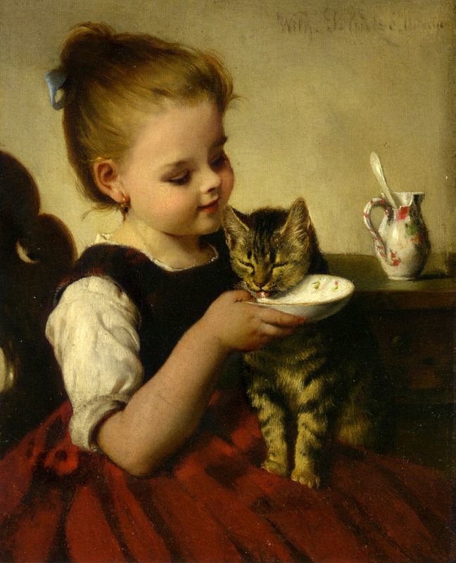 Девочка с кошкой. Schutze Wilhelm - кошка, живопись, 19 век, портрет, девочка - оригинал