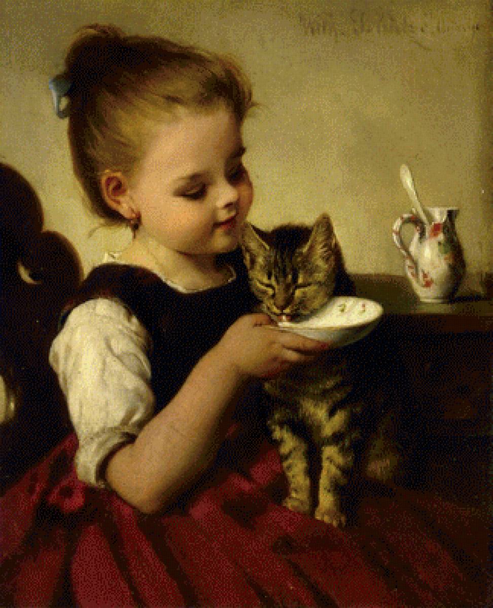 Девочка с кошкой. Schutze Wilhelm - 19 век, девочка, кошка, портрет, живопись - предпросмотр