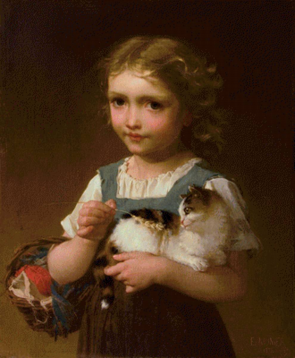 Девочка с кошкой. Эмиль Мюнье - живопись, портрет, 19 век, кошка, девочка - предпросмотр