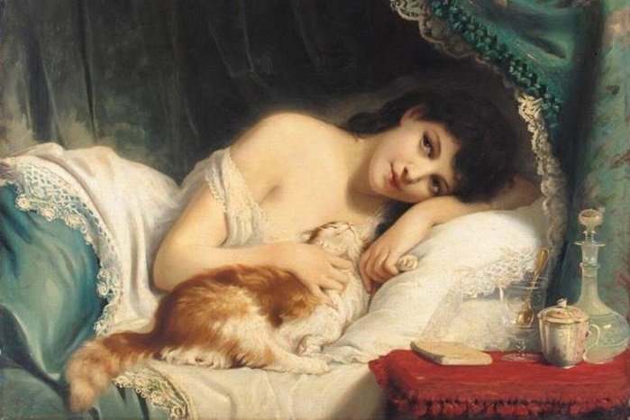 Девушка с кошкой. Фриц Цубер-Бюлер - девушка, живопись, кошка, 19 век, портрет - оригинал