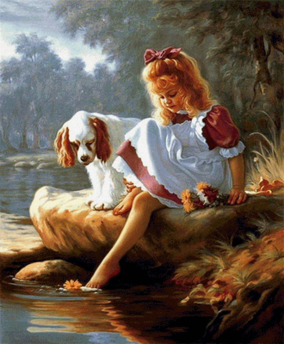 Девочка у пруда. Марк Ариан - портрет, живопись, девочка, собака - предпросмотр
