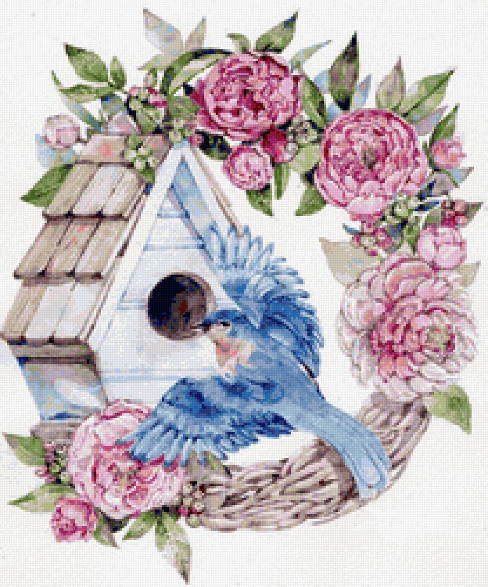 птичка с цветами - розы, птички, цветы, скворечник, весна - предпросмотр