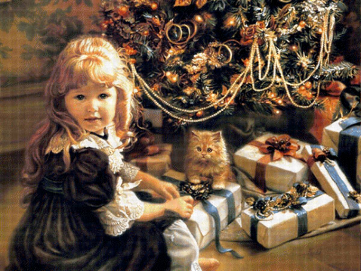 Рождественские подарки. Сандра Кук - портрет, девочка, рождество, котенок - предпросмотр