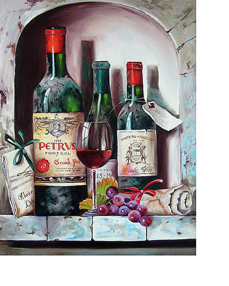 Натюрморт - виноград, бокал, бутылки с вином - оригинал