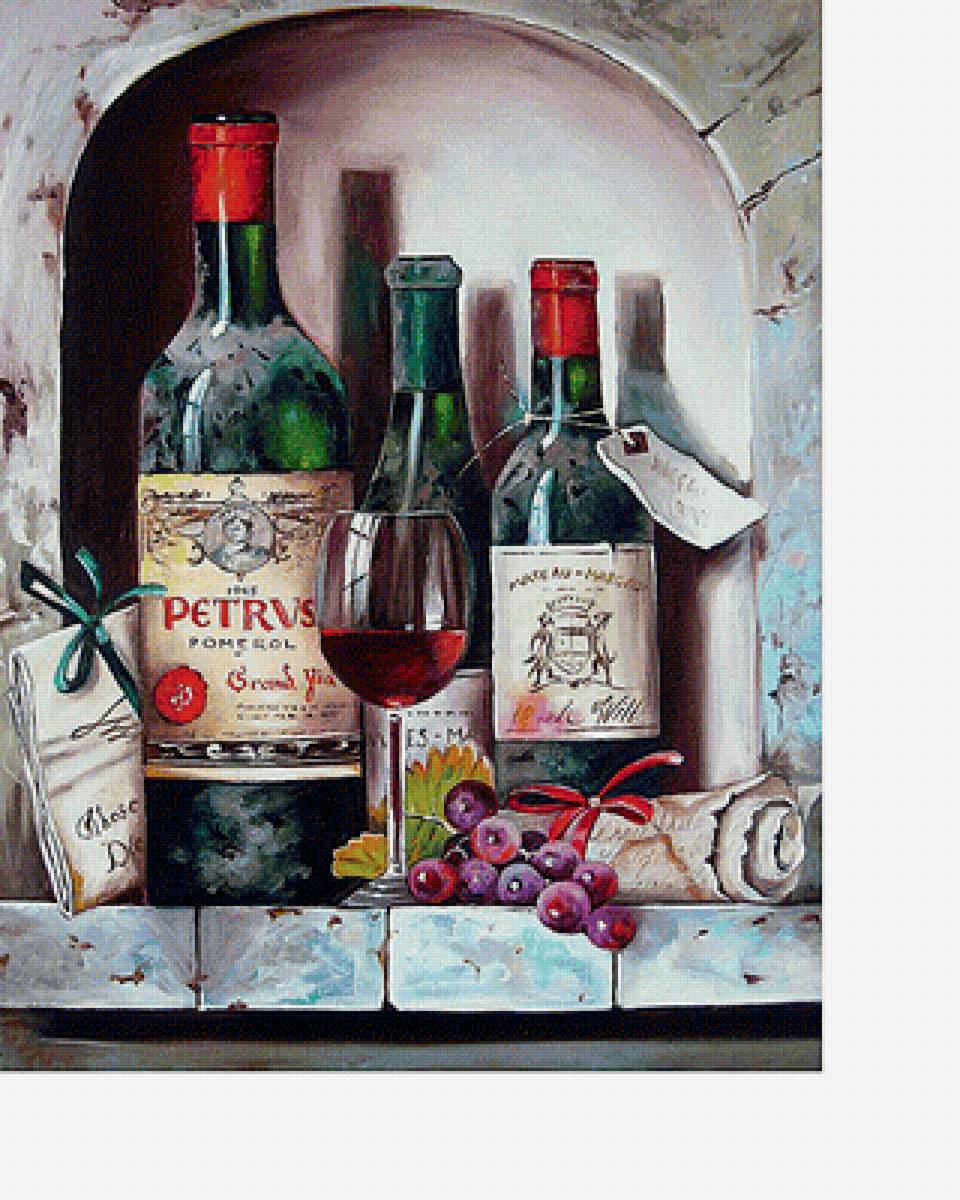 Натюрморт - бутылки с вином, бокал, виноград - предпросмотр
