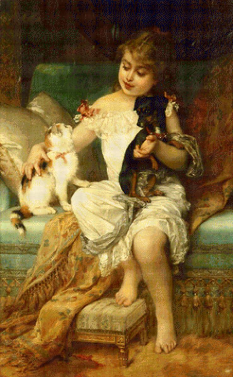 Девочка, кошка и собака. Эмиль Мунье - 19 век, собака, кошка, девочка, портрет, живопись - предпросмотр