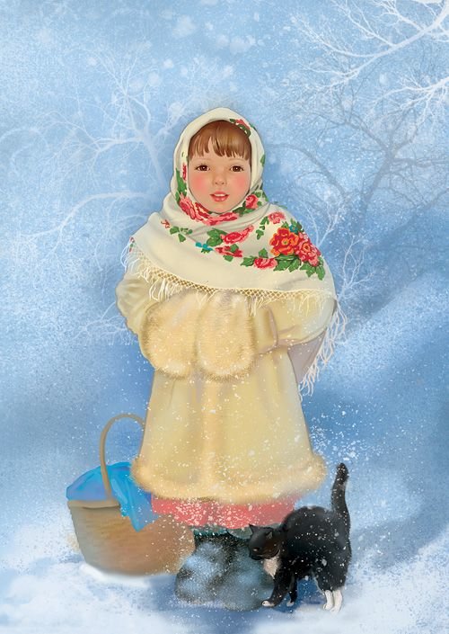 Зима - снег, кошка, девочка, зима - оригинал