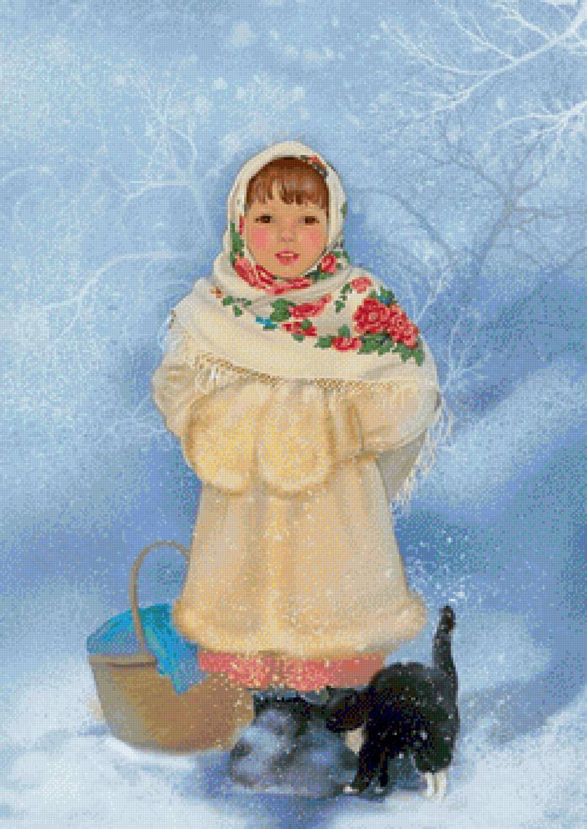 Зима - кошка, снег, зима, девочка - предпросмотр