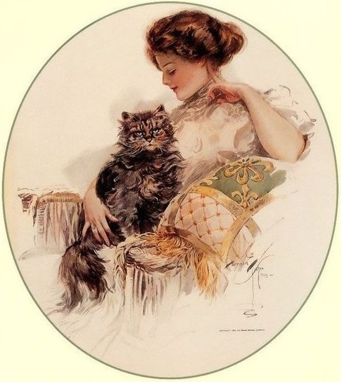 Девушка с котом. Харрисон Фишер - женщина, дама, кот, 19 век, живопись, девушка, портрет - оригинал