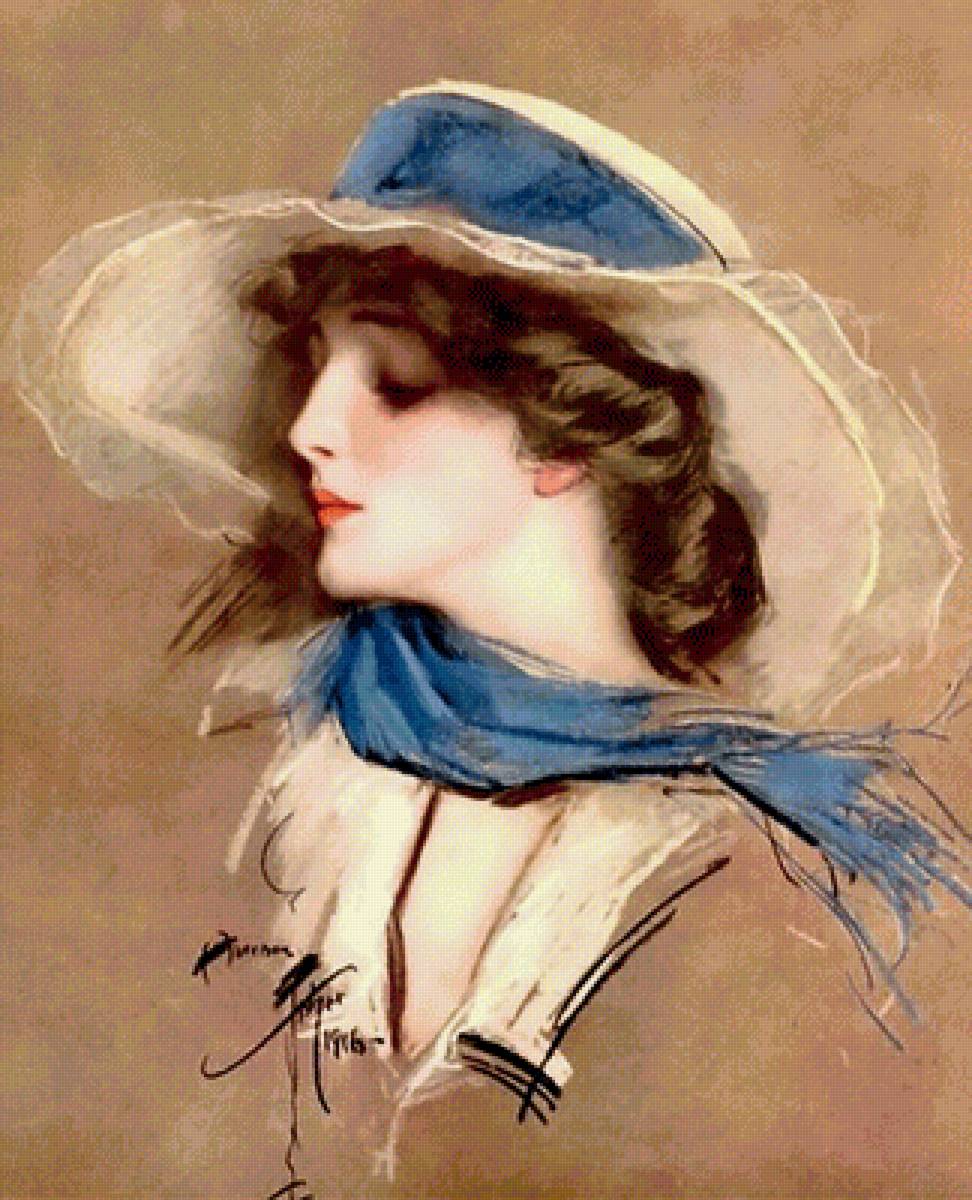 Дама в шляпе. Харрисон Фишер - дама, девушка, 19 век, живопись, портрет, женщина - предпросмотр