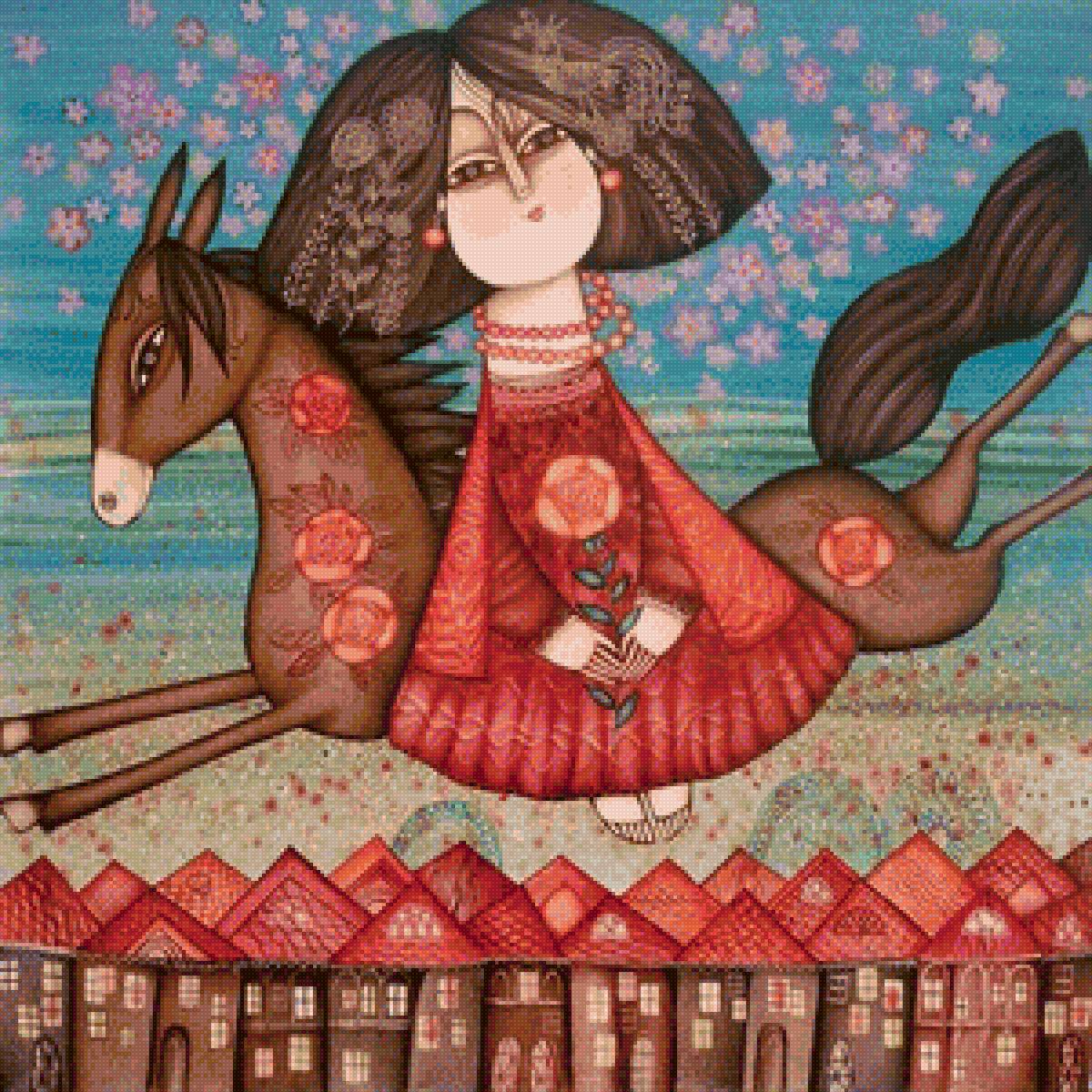 примитивная живопись - конь, примитивизм, девочка - предпросмотр