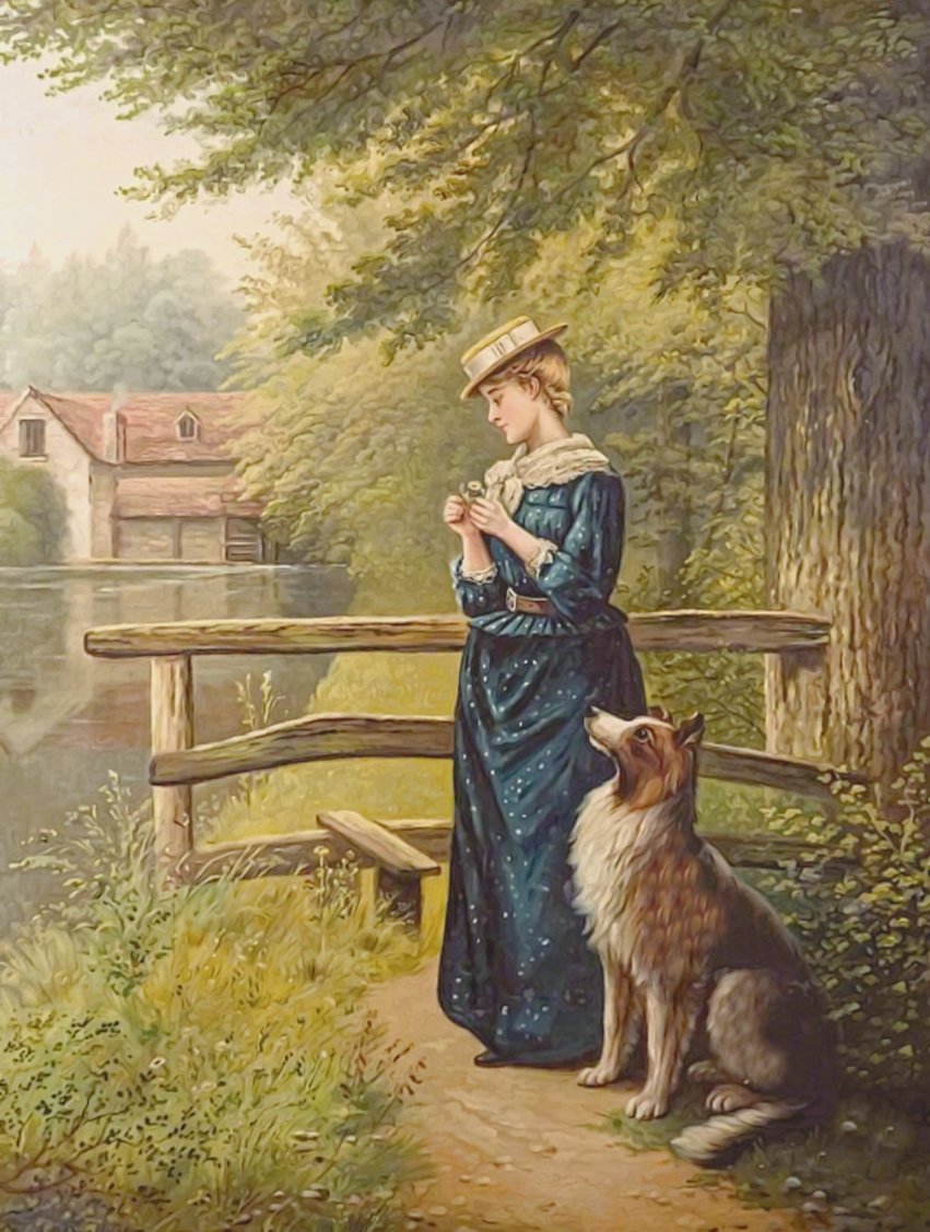 №2109750 - домик, девушка, дерево, река, собачка - оригинал