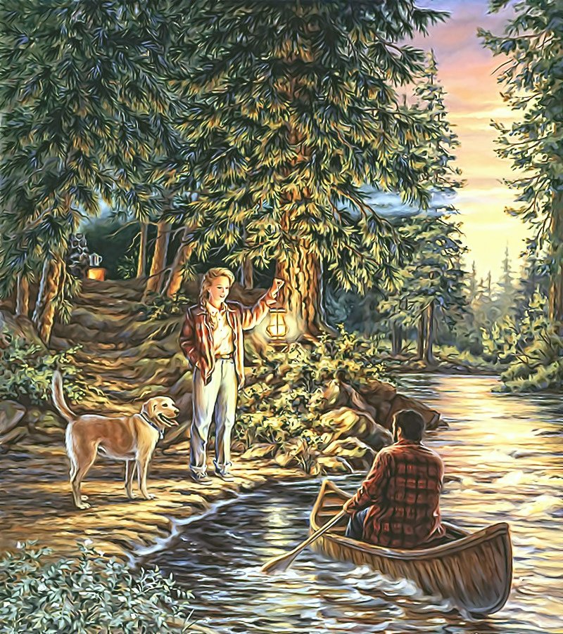 №2109759 - собачка, лес, люди, фонарь, река, вечер, лодка - оригинал