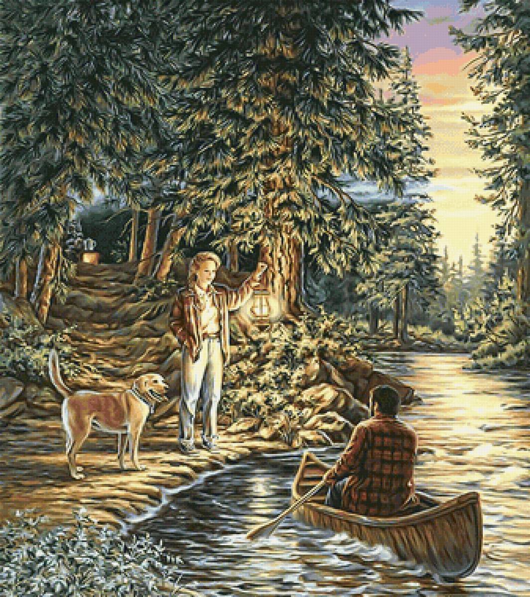 №2109759 - лодка, река, собачка, лес, люди, фонарь, вечер - предпросмотр