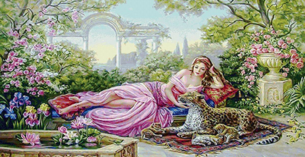 №2109785 - девушка, цветы, арка, сад, леопард - предпросмотр