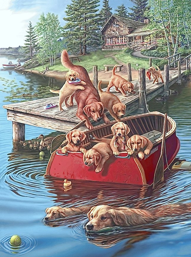 №2110629 - домик, щенок, лодка, животные, собачка, река - оригинал