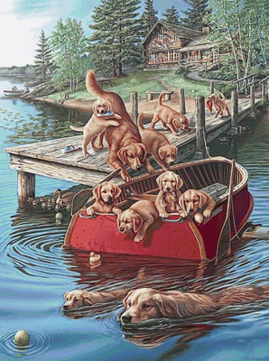 №2110629 - собачка, лодка, животные, река, щенок, домик - предпросмотр