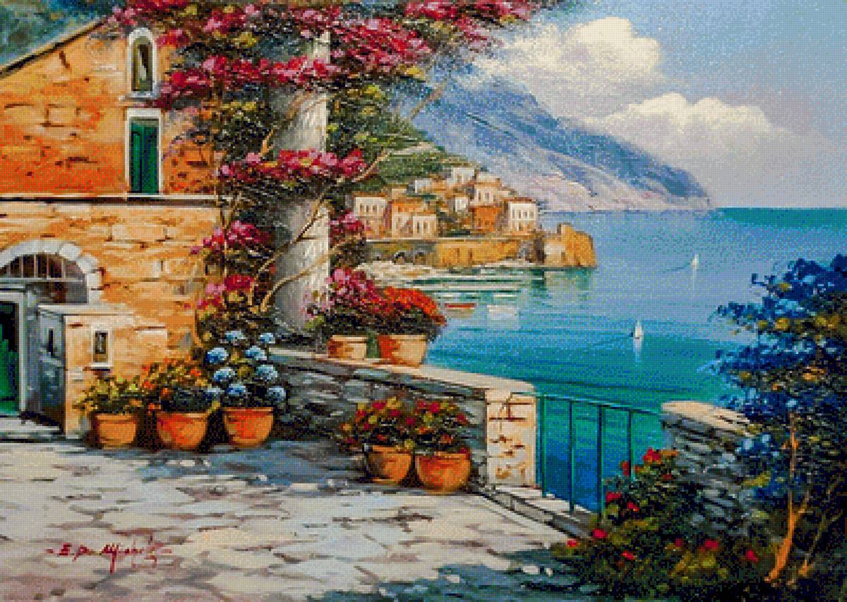 Amalfi Panorama South Of Italy. - ernesto di michele painter.seascapes.flowers and gardens. - предпросмотр