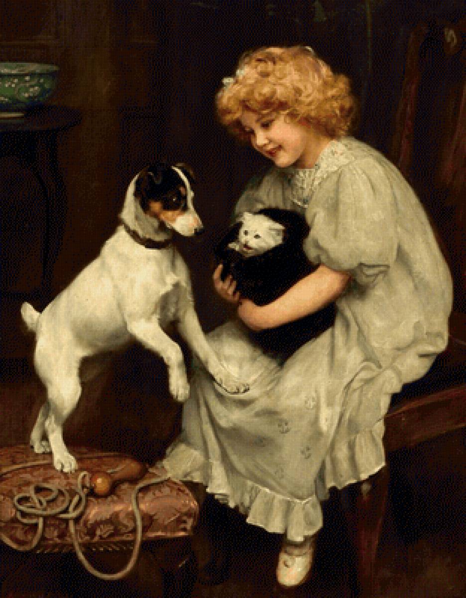 Знакомство. Артур Джон Элсли - щенок, живопись, 19 век, котенок, девочка, портрет - предпросмотр