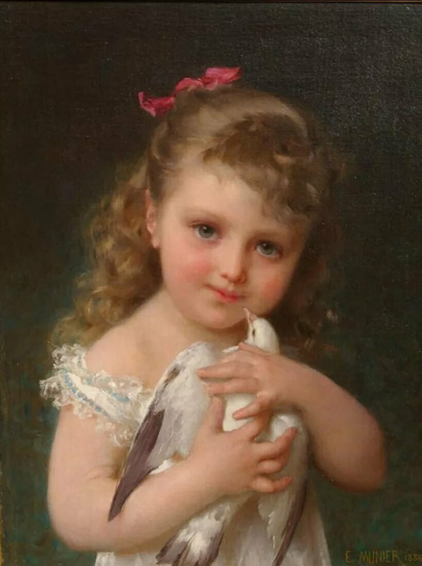 Девочка с голубем. Эмиль Мунье - живопись, 19 век, птица, голубь, портрет, девочка - оригинал
