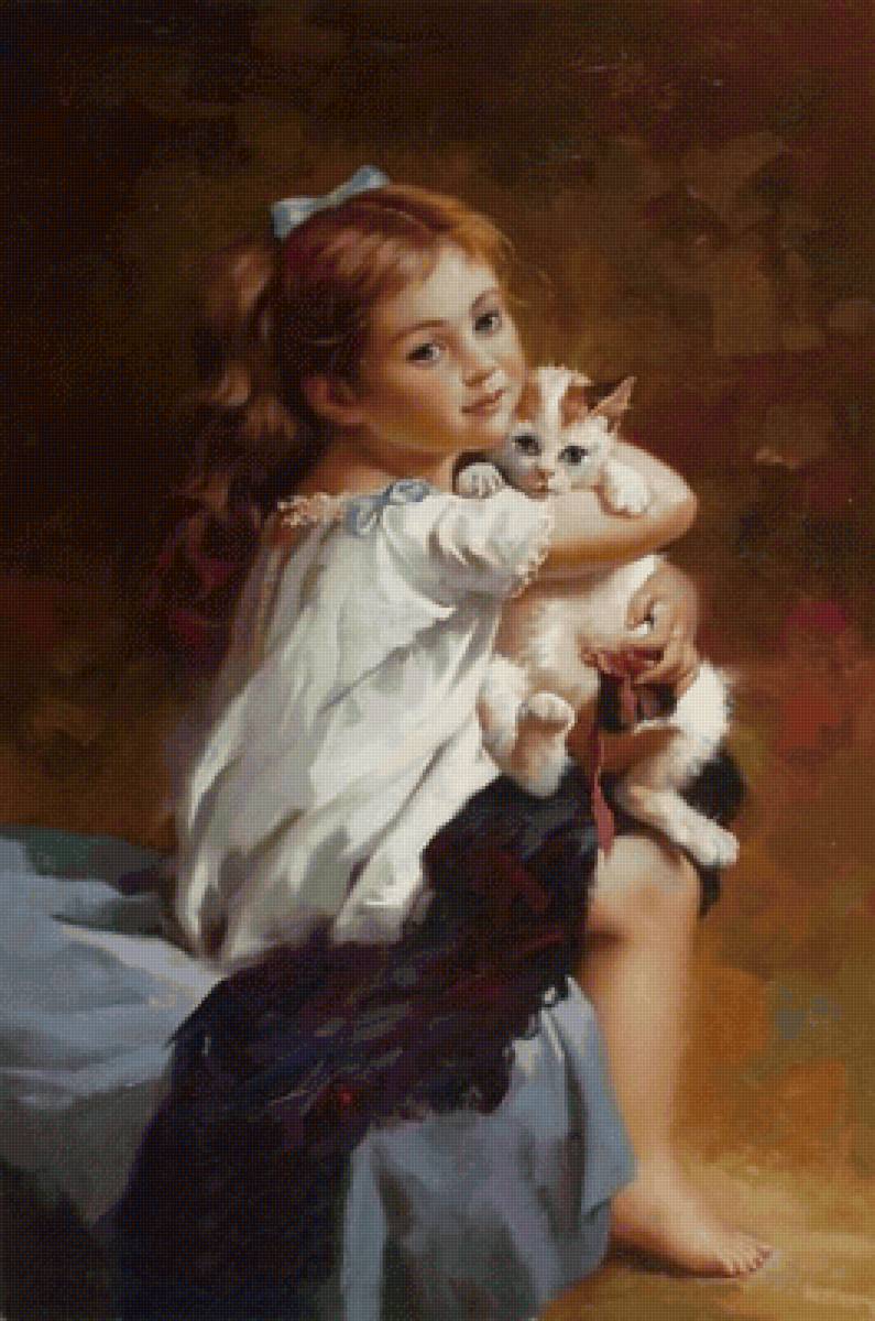 Девочка с кошкой. Эмиль Мюнье - портрет, девочка, живопись, 19 век, кошка - предпросмотр