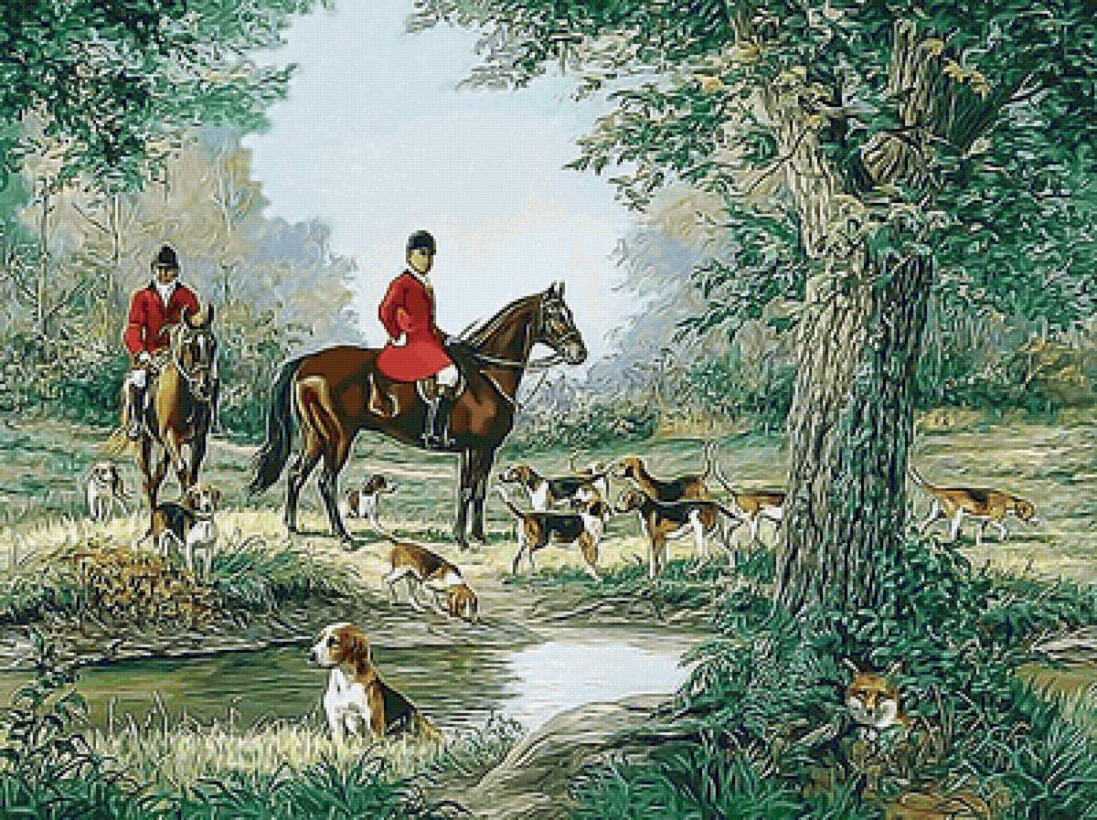 Охота - всадники, лошади, лес, ручей, охота, собачки - предпросмотр