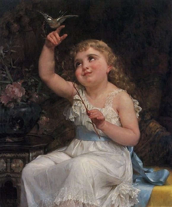 Девочка с птичкой. Эмиль Мунье - портрет, живопись, 19 век, птичка, девочка - оригинал