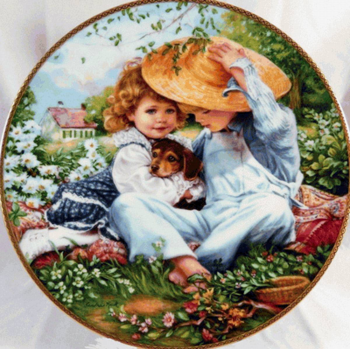 Дети со щенком. Сандра Кук - девочка, дети, живопись, мальчик, щенок - предпросмотр