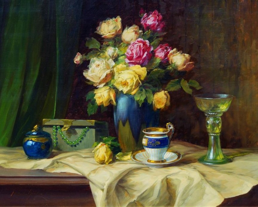 Натюрморт с бокалом и розами. Schutze Wilhelm - ваза, натюрморт, цветы, букет, розы, живопись - оригинал