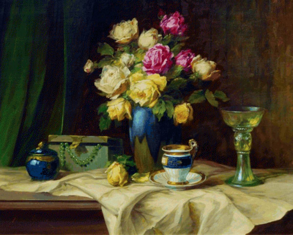 Натюрморт с бокалом и розами. Schutze Wilhelm - живопись, цветы, ваза, букет, розы, натюрморт - предпросмотр