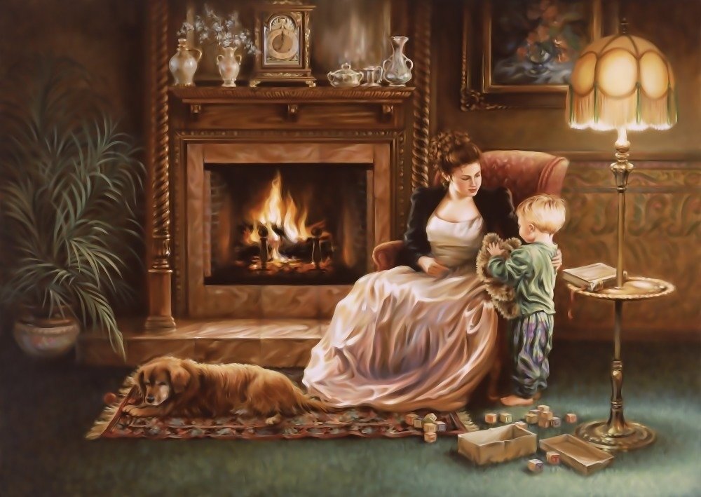 №2112386 - картина, собака, дети, животные, живопись, камин, семья - оригинал
