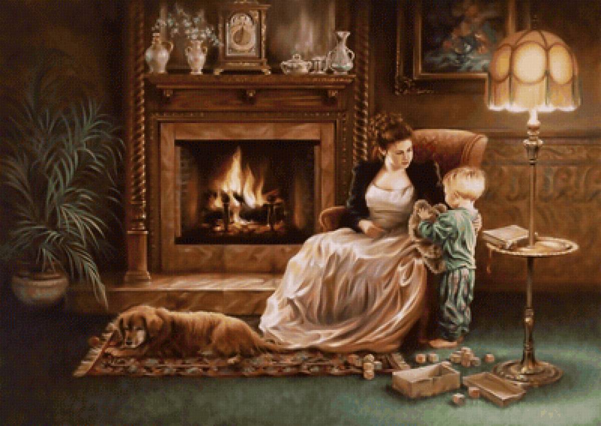 №2112386 - семья, собака, дети, животные, камин, картина, живопись - предпросмотр