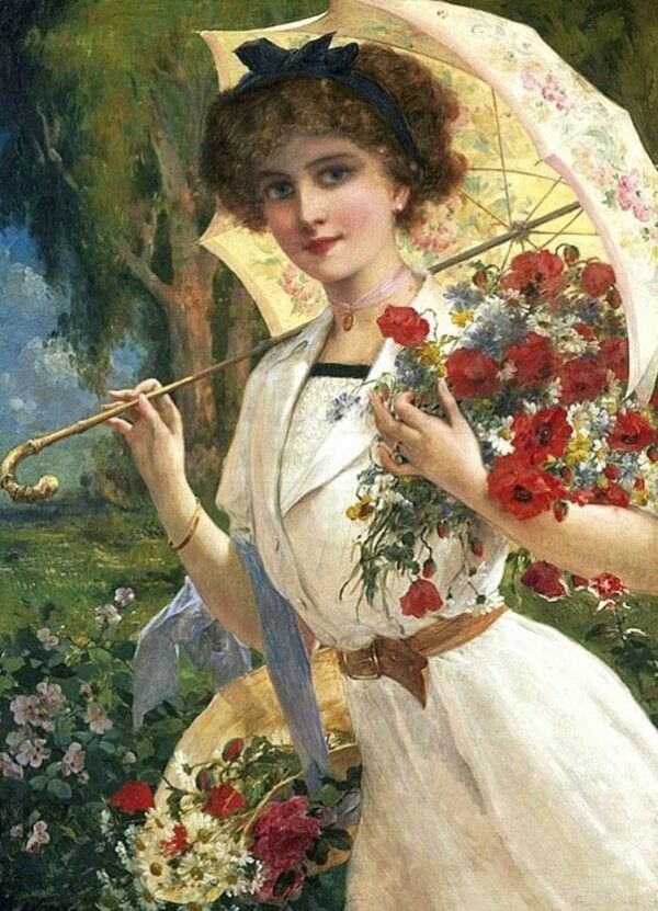 Девушка с зонтиком. Эмиль Вернон - девушка, портрет, живопись, 19 век - оригинал