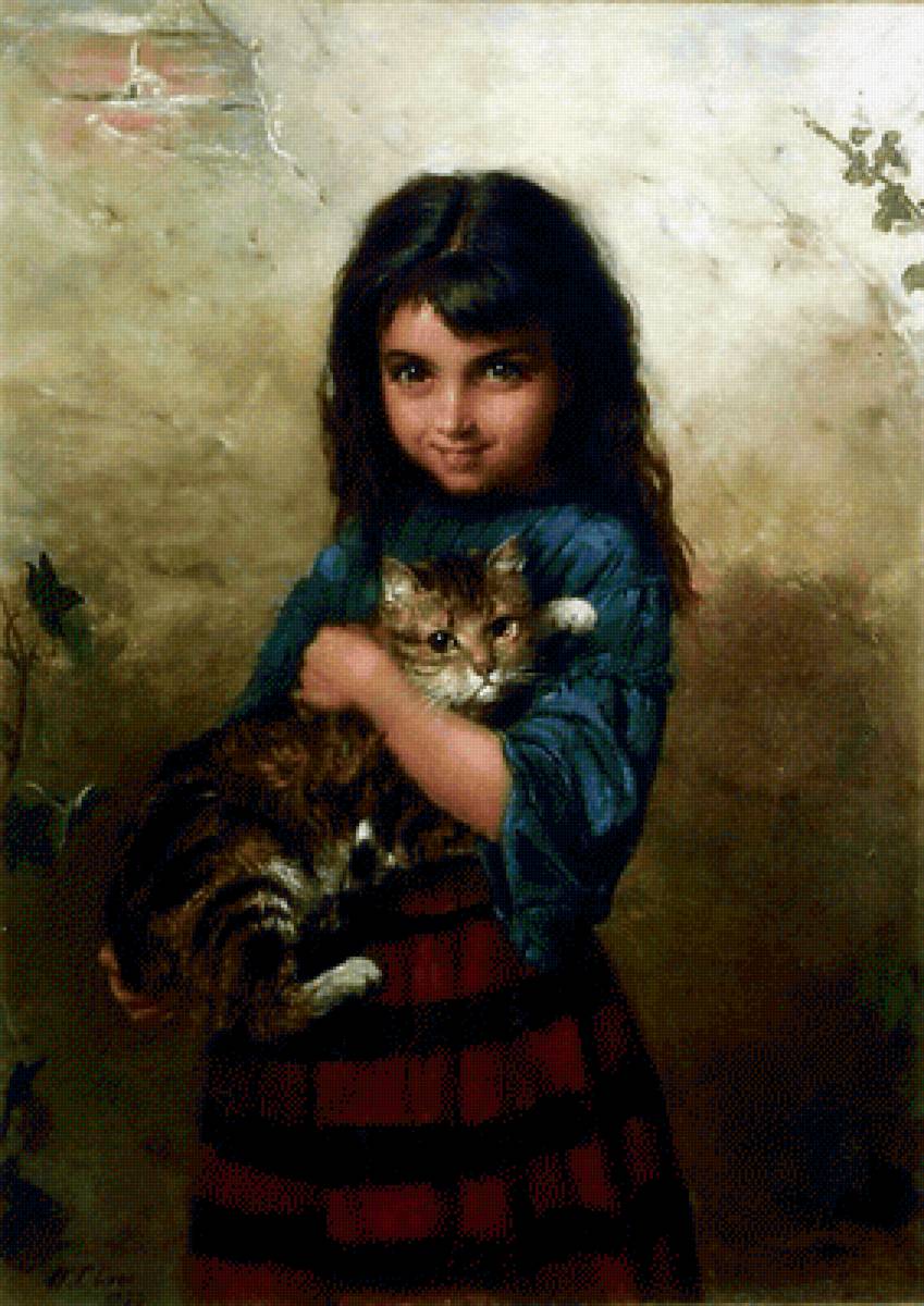 Девочка с кошкой. Уильям Оливер - девочка, живопись, кошка, 19 век, портрет - предпросмотр