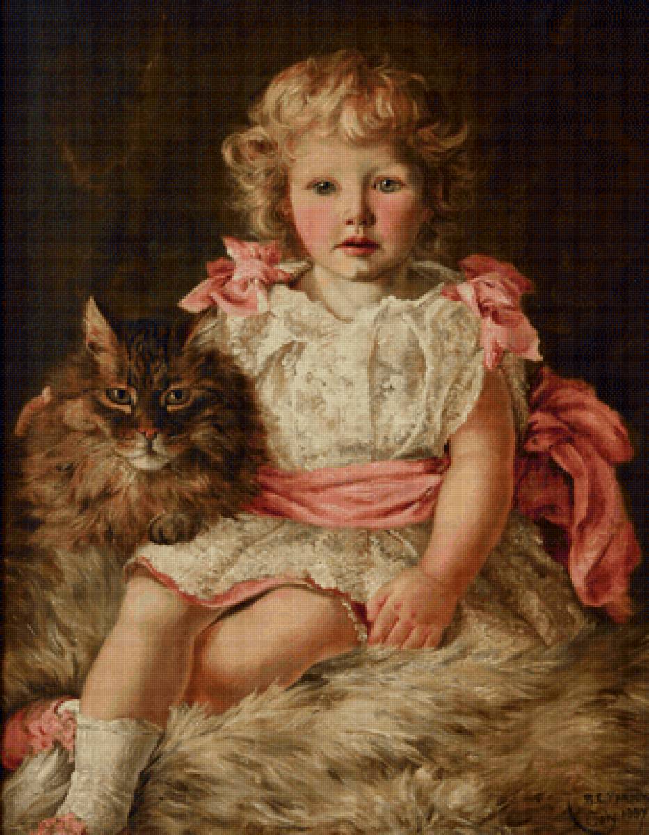 Джули. Beatrice Emma Parsons - 19 век, кот, девочка, живопись, портрет - предпросмотр